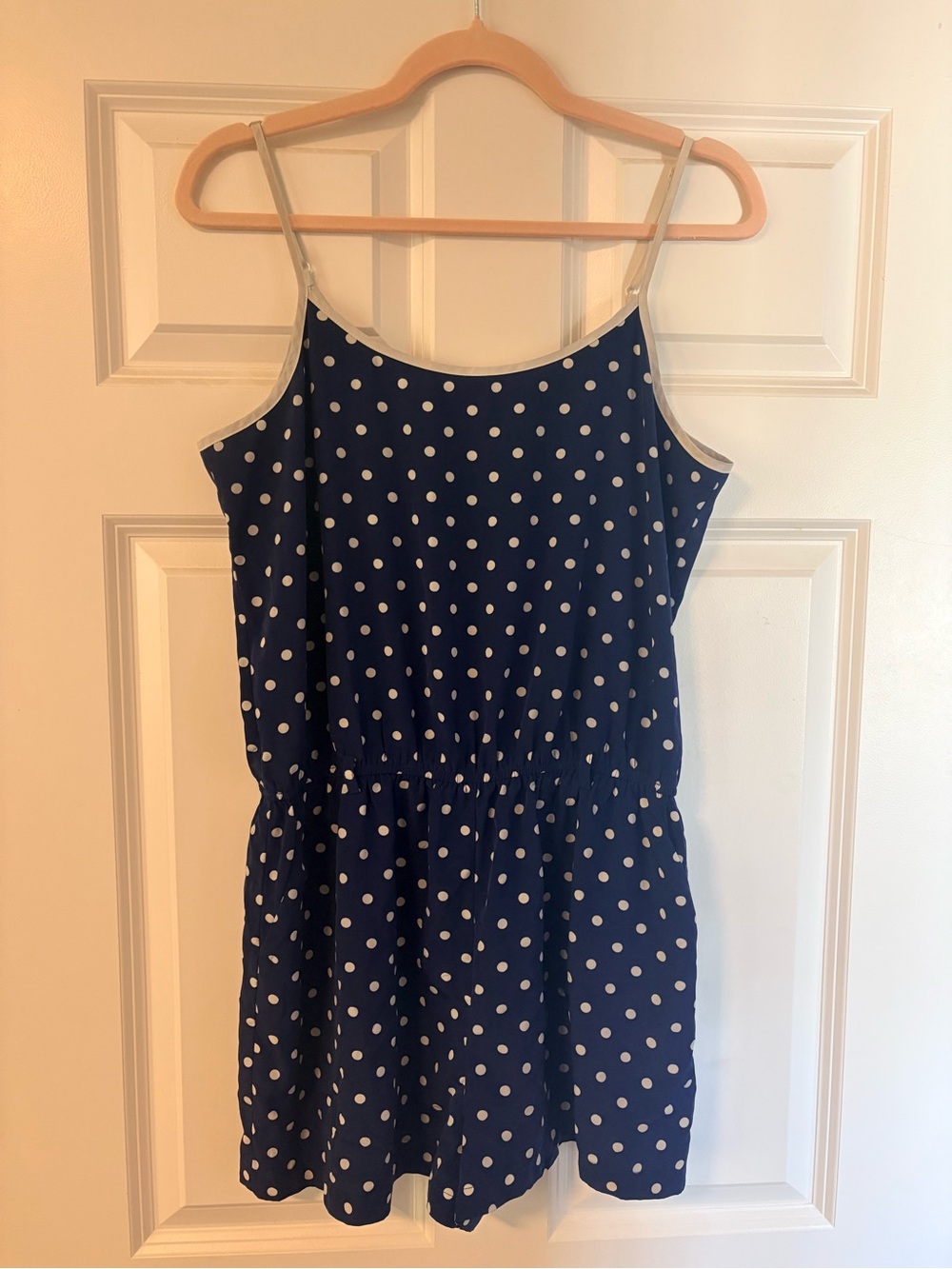 Navy Polka Dot Spaghetti Strap Romper With Pockets